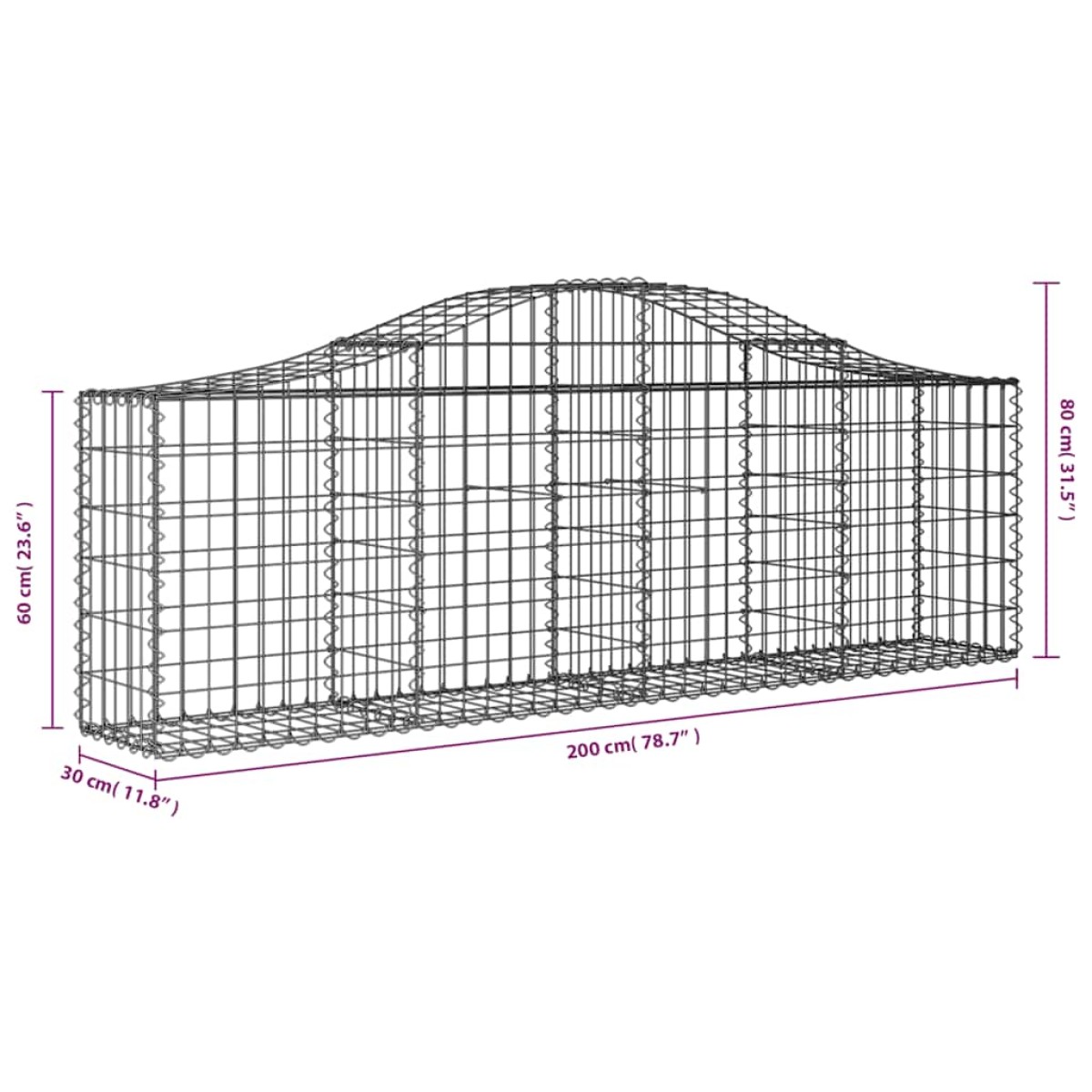 vidaXL Συρματοκιβώτια Τοξωτά 10 τεμ. 200x30x60/80 εκ. Γαλβαν. Ατσάλι