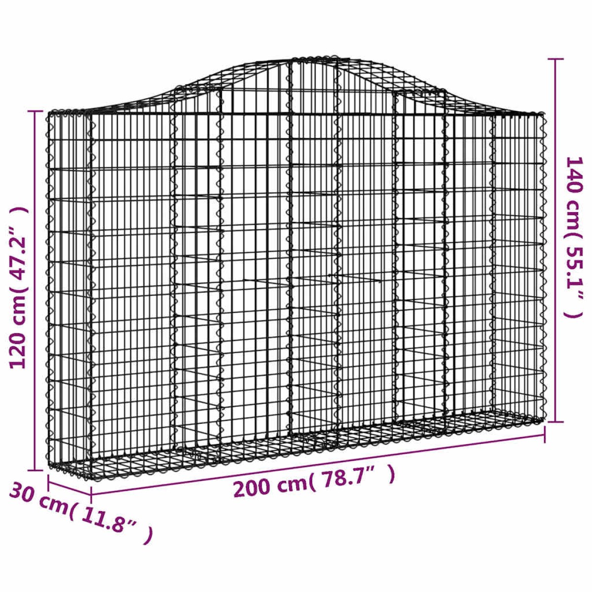 vidaXL Συρματοκιβώτια Τοξωτά 3 τεμ. 200x30x120/140 εκ. Γαλβαν. Ατσάλι