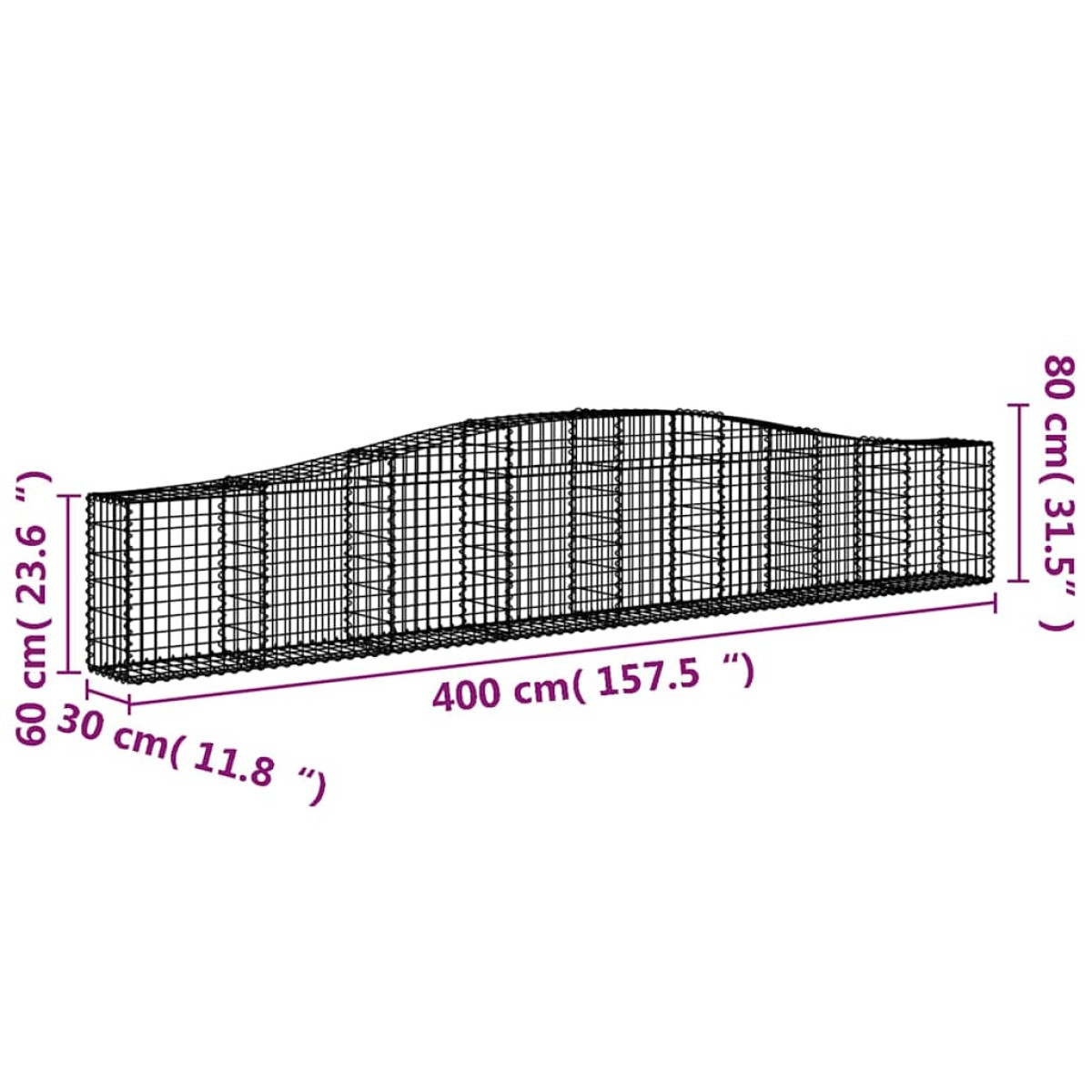 vidaXL Συρματοκιβώτια Τοξωτά 3 τεμ. 400x30x60/80 εκ. Γαλβαν. Ατσάλι