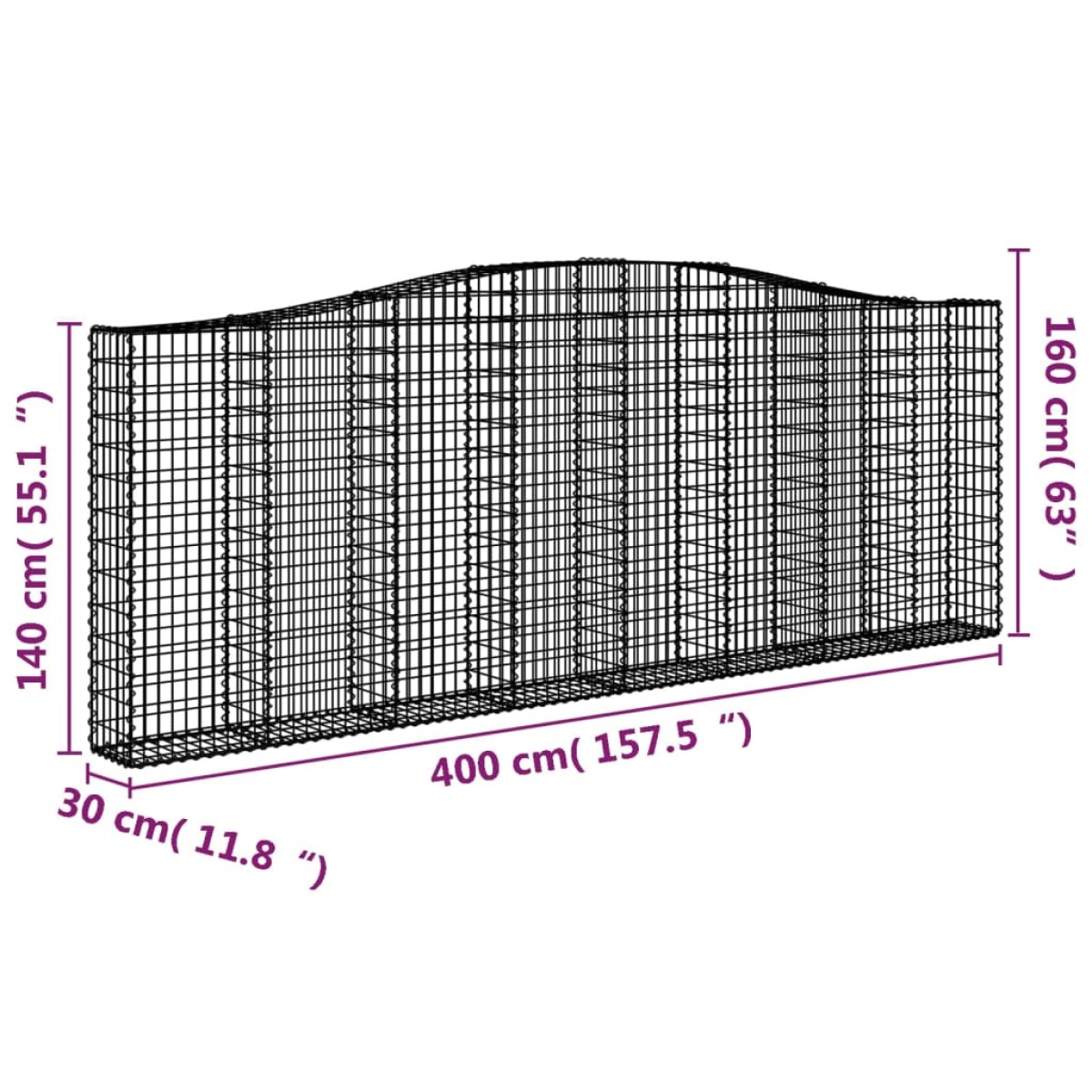 vidaXL Συρματοκιβώτια Τοξωτά 3 τεμ. 400x30x140/160 εκ. Γαλβαν. Ατσάλι