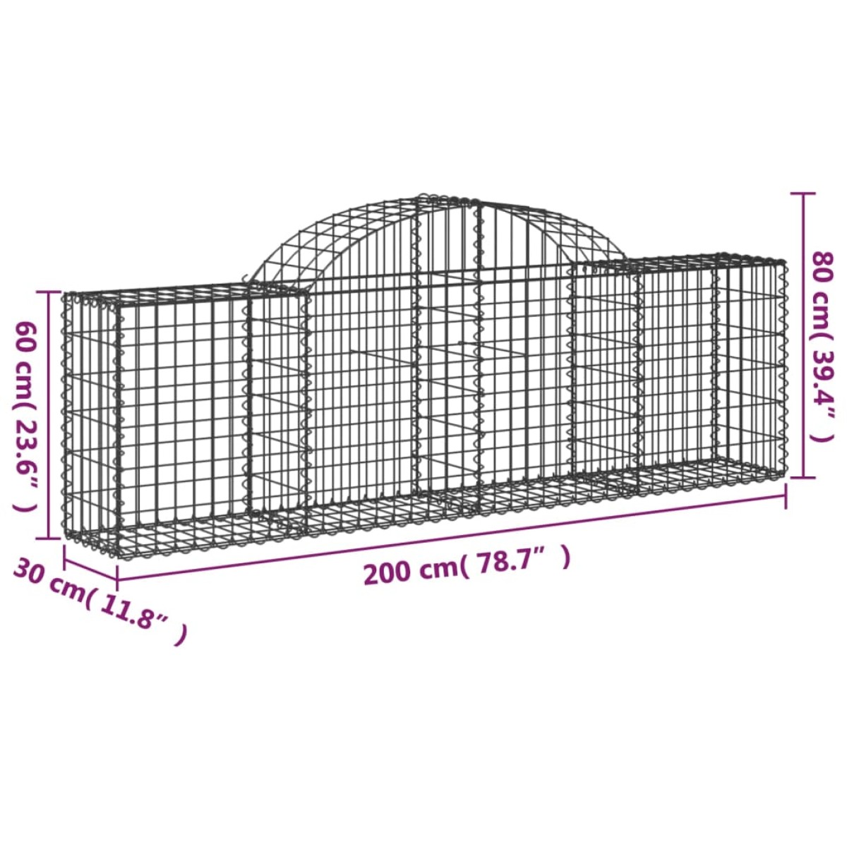 vidaXL Συρματοκιβώτια Τοξωτά 3 τεμ. 200x30x60/80 εκ. Γαλβαν. Ατσάλι