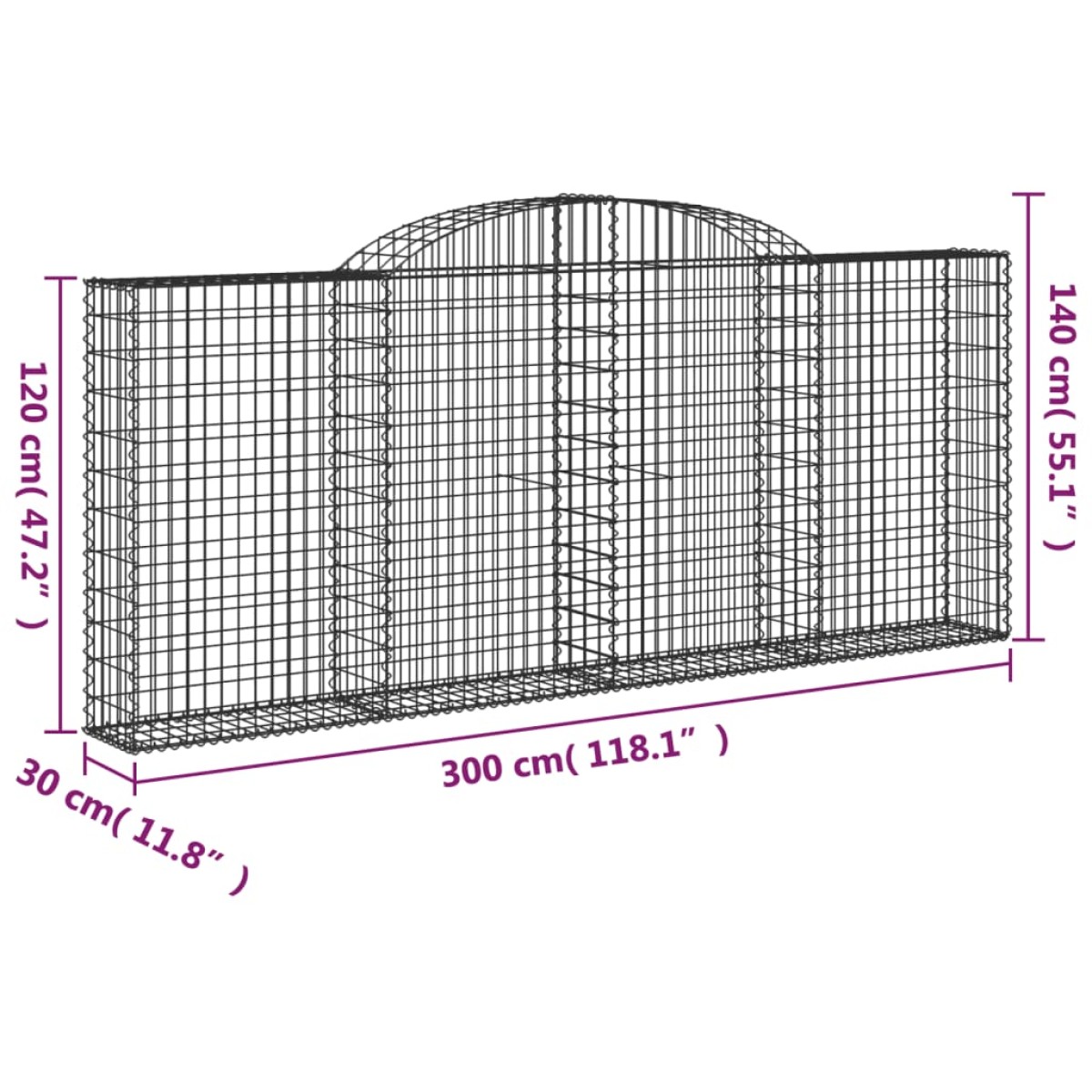 vidaXL Συρματοκιβώτια Τοξωτά 5 τεμ. 300x30x120/140 εκ. Γαλβαν. Ατσάλι