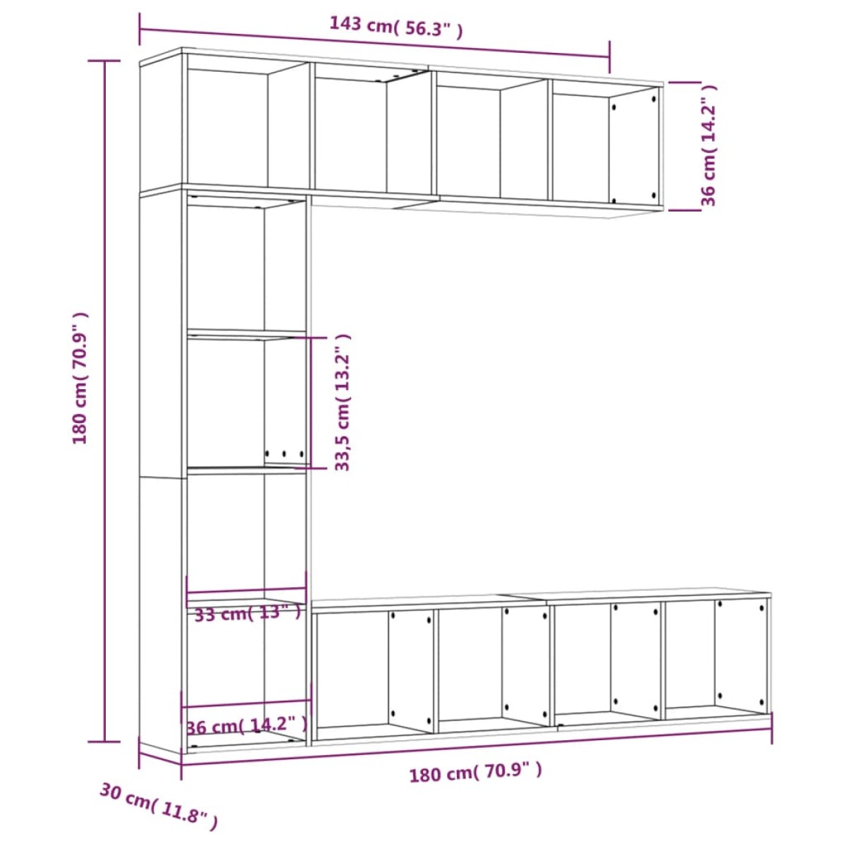 vidaXL Σετ Επίπλων Τηλ. / Βιβλιοθήκης 3Τεμ 180x30x180εκ Γκρι Sonoma