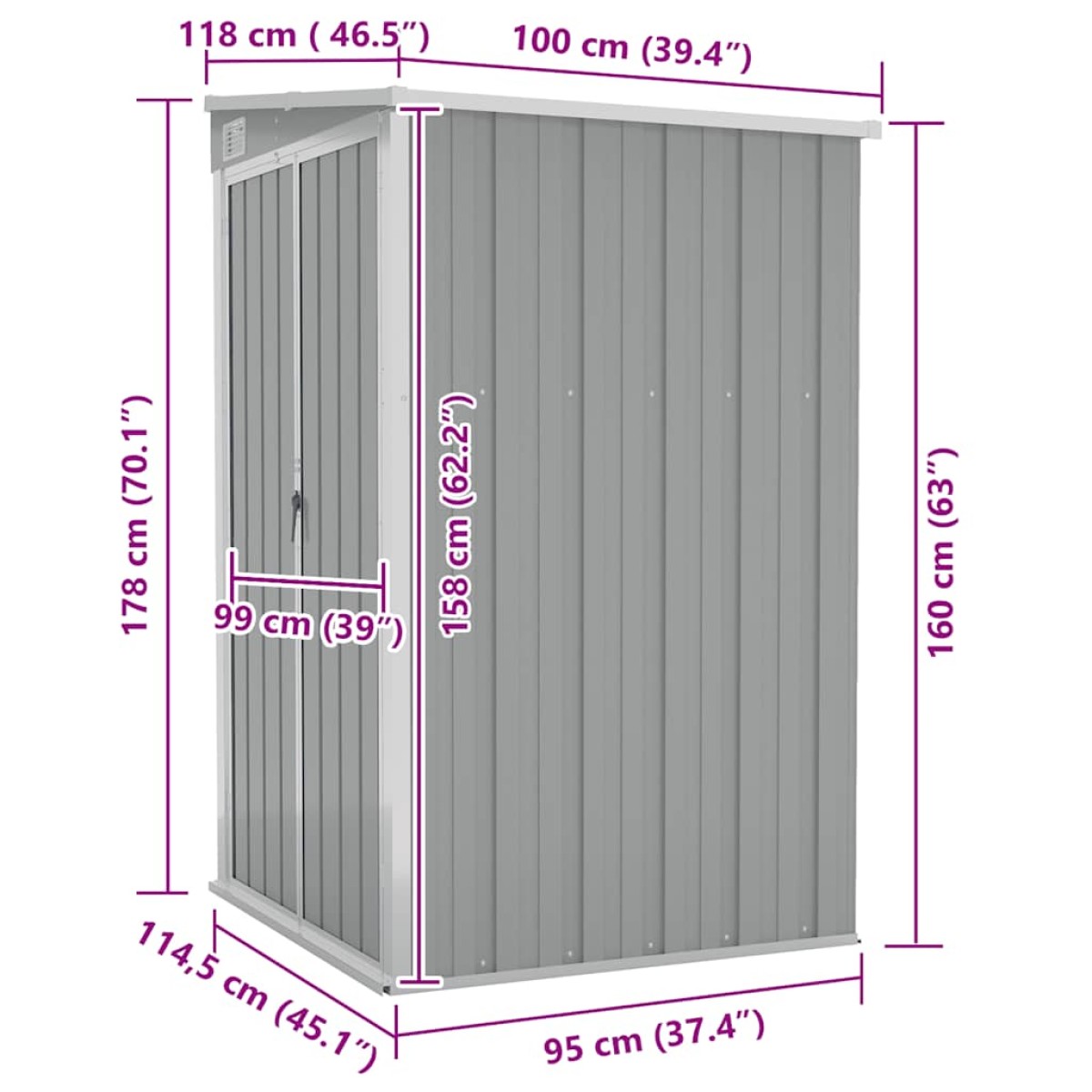 vidaXL Αποθήκη Κήπου Επιτοίχια Γκρι 118x100x178 εκ. Γαλβ. Χάλυβας