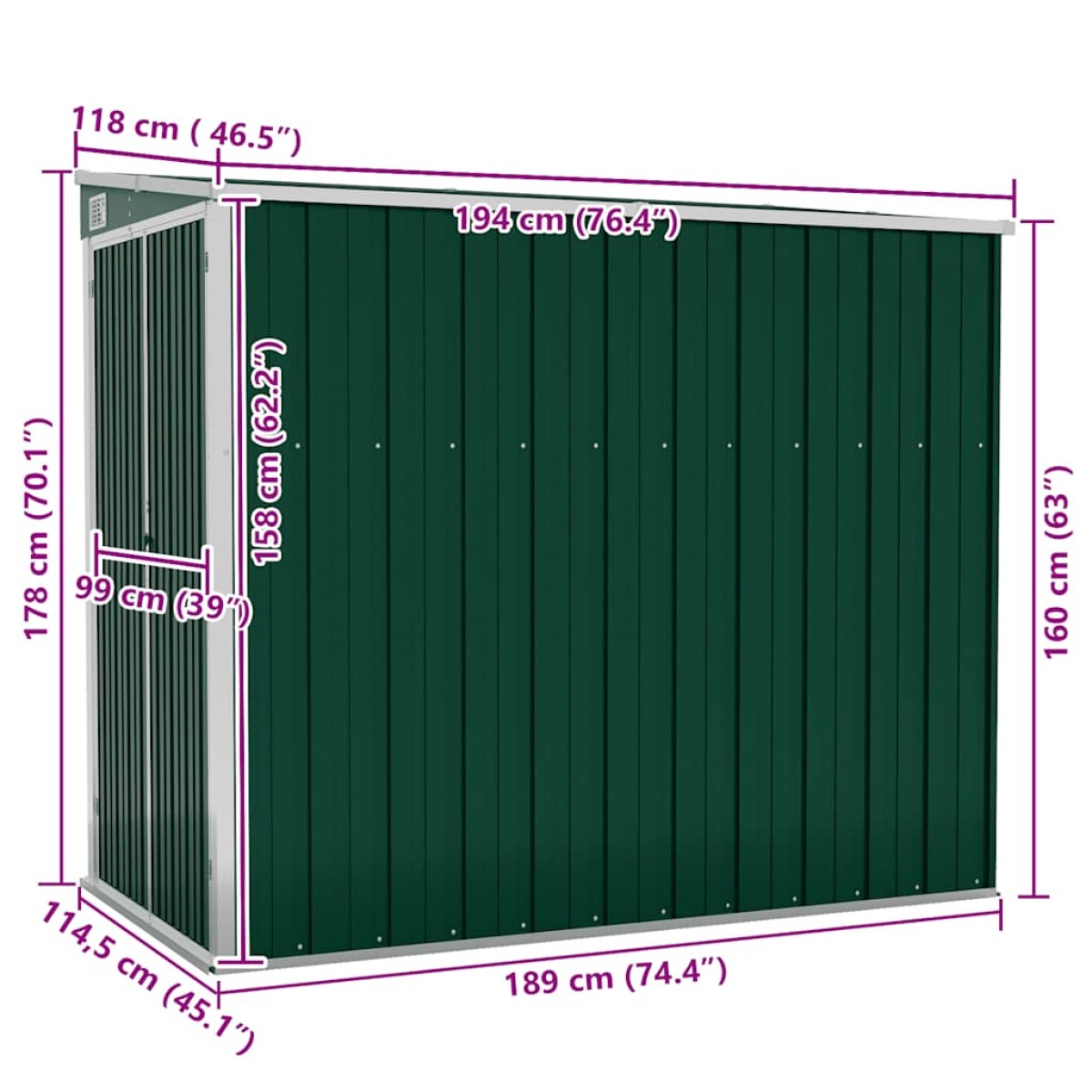 vidaXL Αποθήκη Κήπου Επιτοίχια Πράσινη 118x194x178 εκ από Γαλβ. Ατσάλι