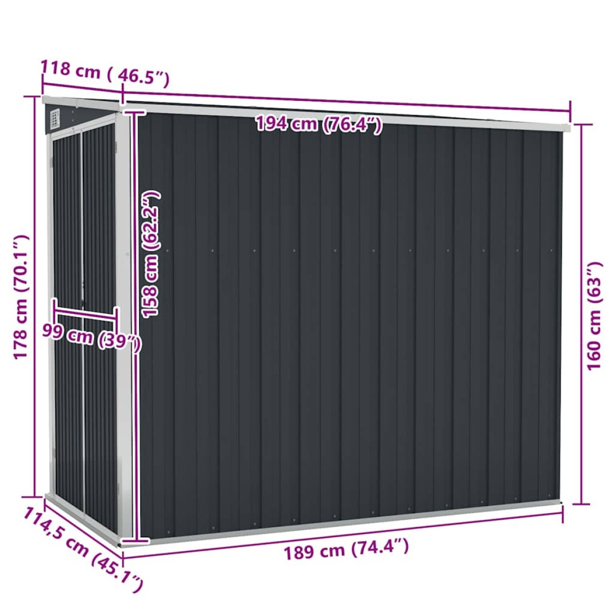 vidaXL Αποθήκη Κήπου Επιτοίχια Ανθρακί 118 x 194 x 178 εκ από Ατσάλι