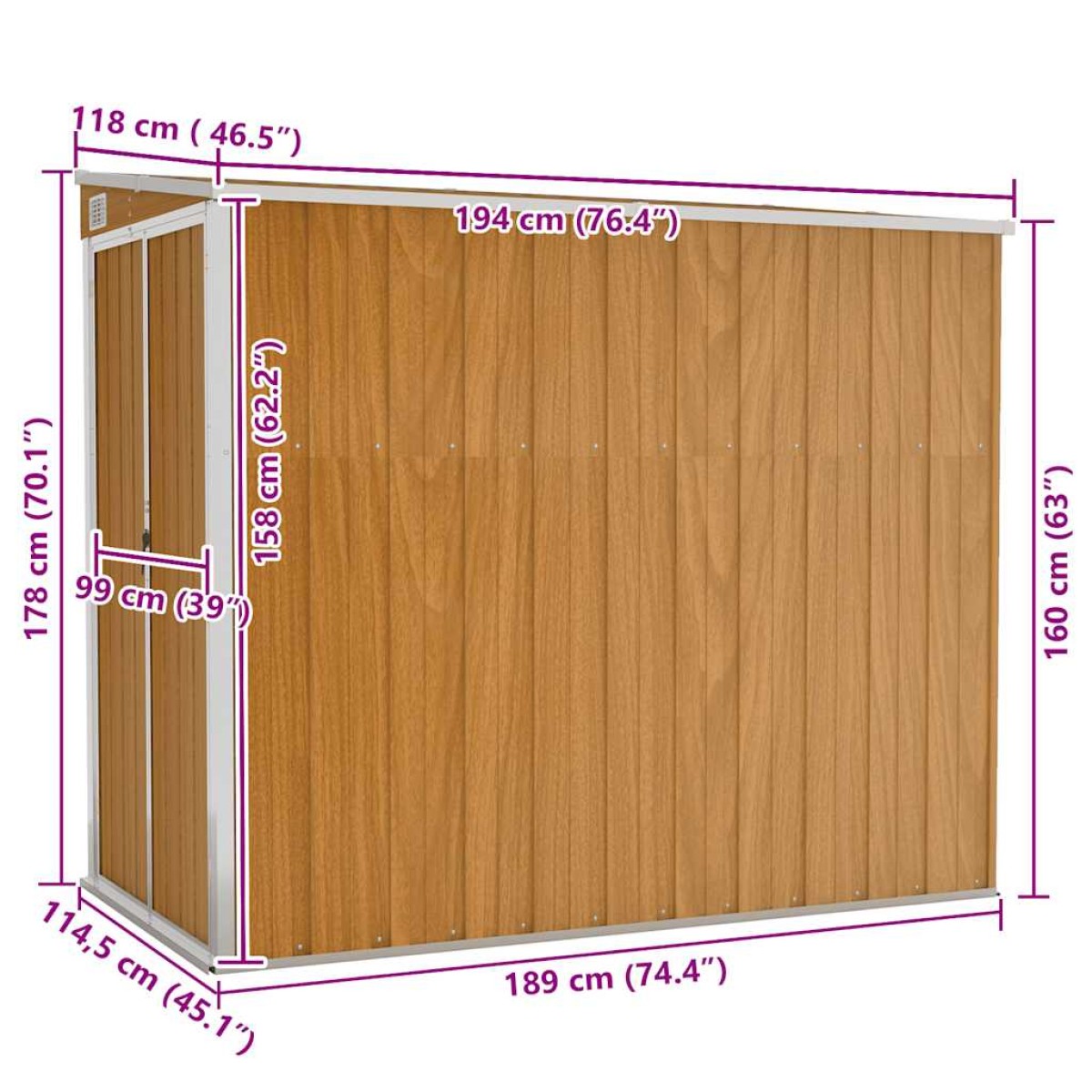 vidaXL Αποθήκη Κήπου Επιτοίχια Καφέ 118x194x178 εκ από Γαλβ. Ατσάλι