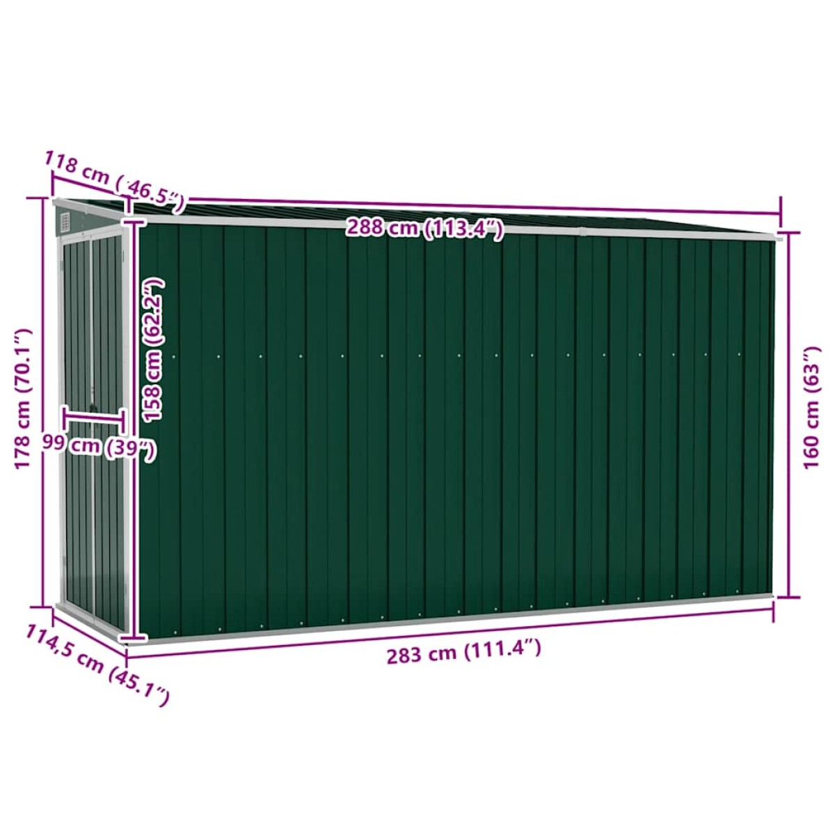 vidaXL Αποθήκη Κήπου Επιτοίχια Πράσινη 118x288x178 εκ από Γαλβ. Ατσάλι