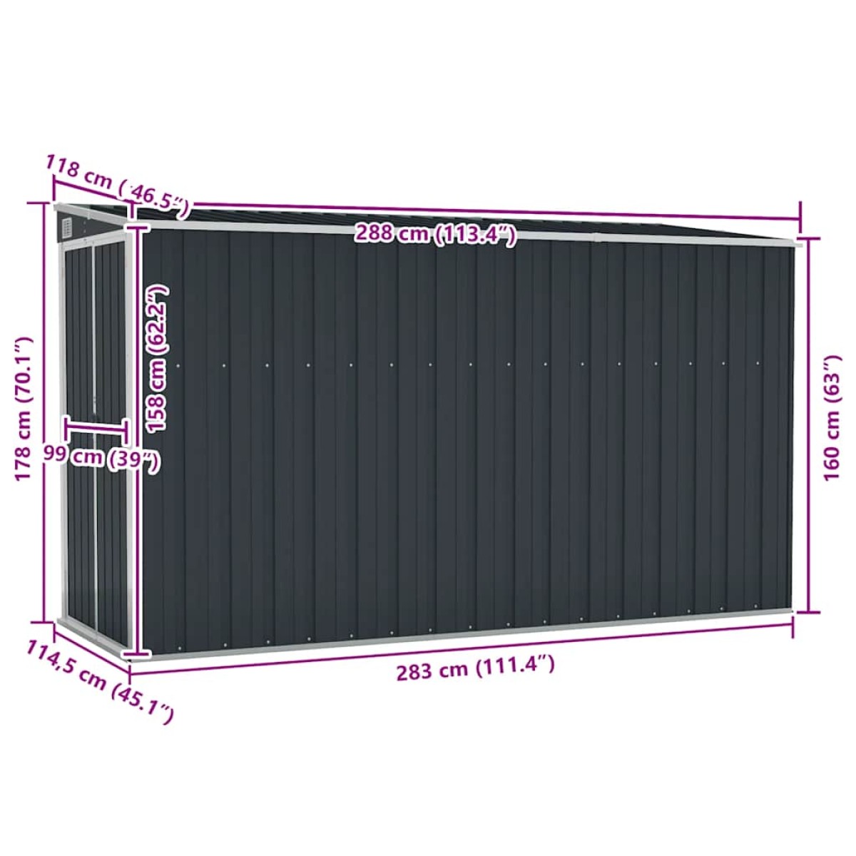 vidaXL Αποθήκη Κήπου Επιτοίχια Ανθρακί 118 x 288 x 178 εκ από Ατσάλι