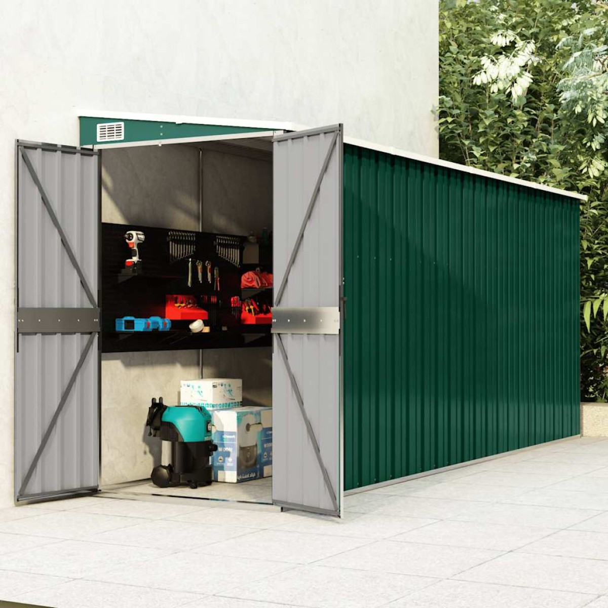 vidaXL Αποθήκη Κήπου Επιτοίχια Πράσινη 118x382x178 εκ από Γαλβ. Ατσάλι