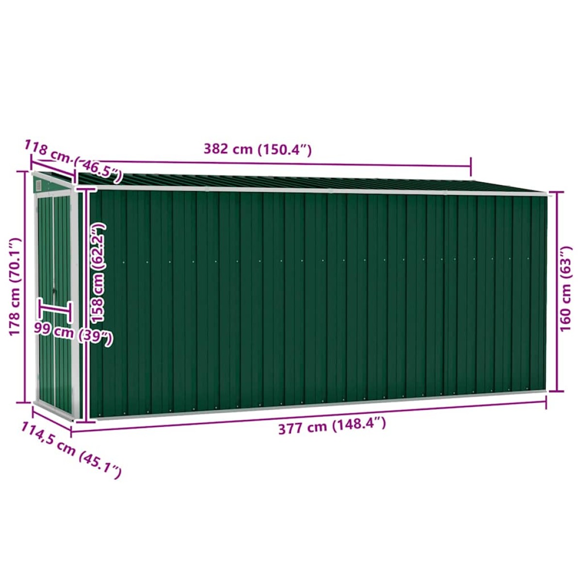 vidaXL Αποθήκη Κήπου Επιτοίχια Πράσινη 118x382x178 εκ από Γαλβ. Ατσάλι