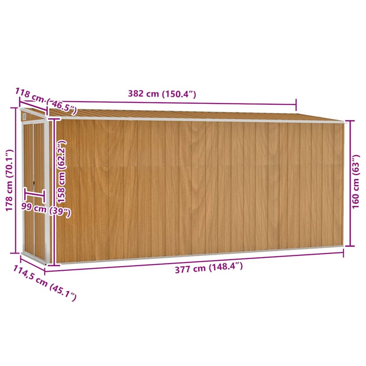 vidaXL Αποθήκη Κήπου Επιτοίχια Καφέ 118x382x178 εκ από Γαλβ. Ατσάλι