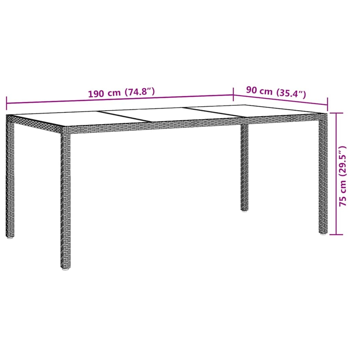 vidaXL Τραπέζι Κήπου Καφέ 190x90x75εκ από Ψημένο Γυαλί/Συνθετικό Ρατάν