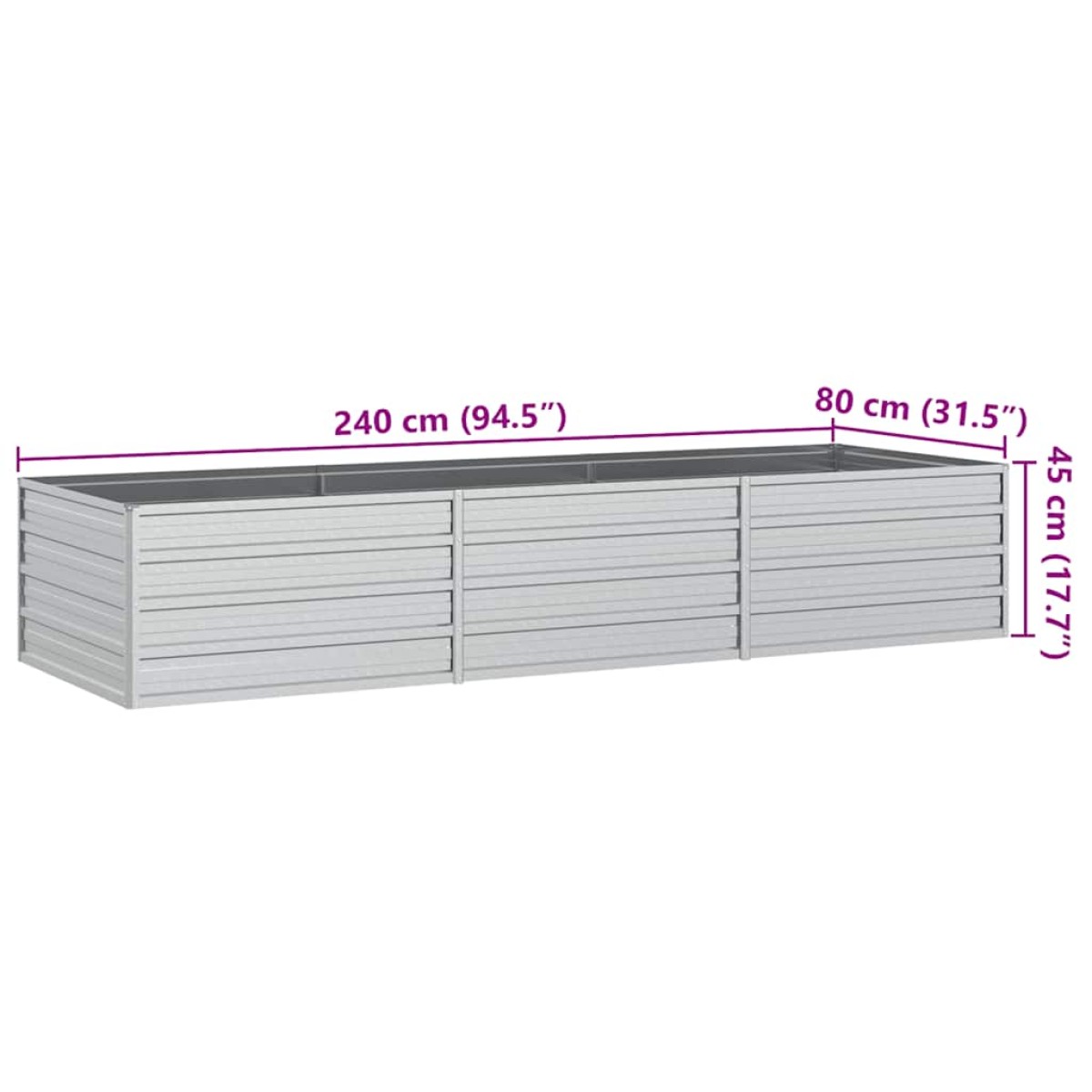 vidaXL Ζαρντινιέρα Υπερυψωμένη Ασημί 240x80x45 εκ. Γαλβανισμ. Χάλυβας