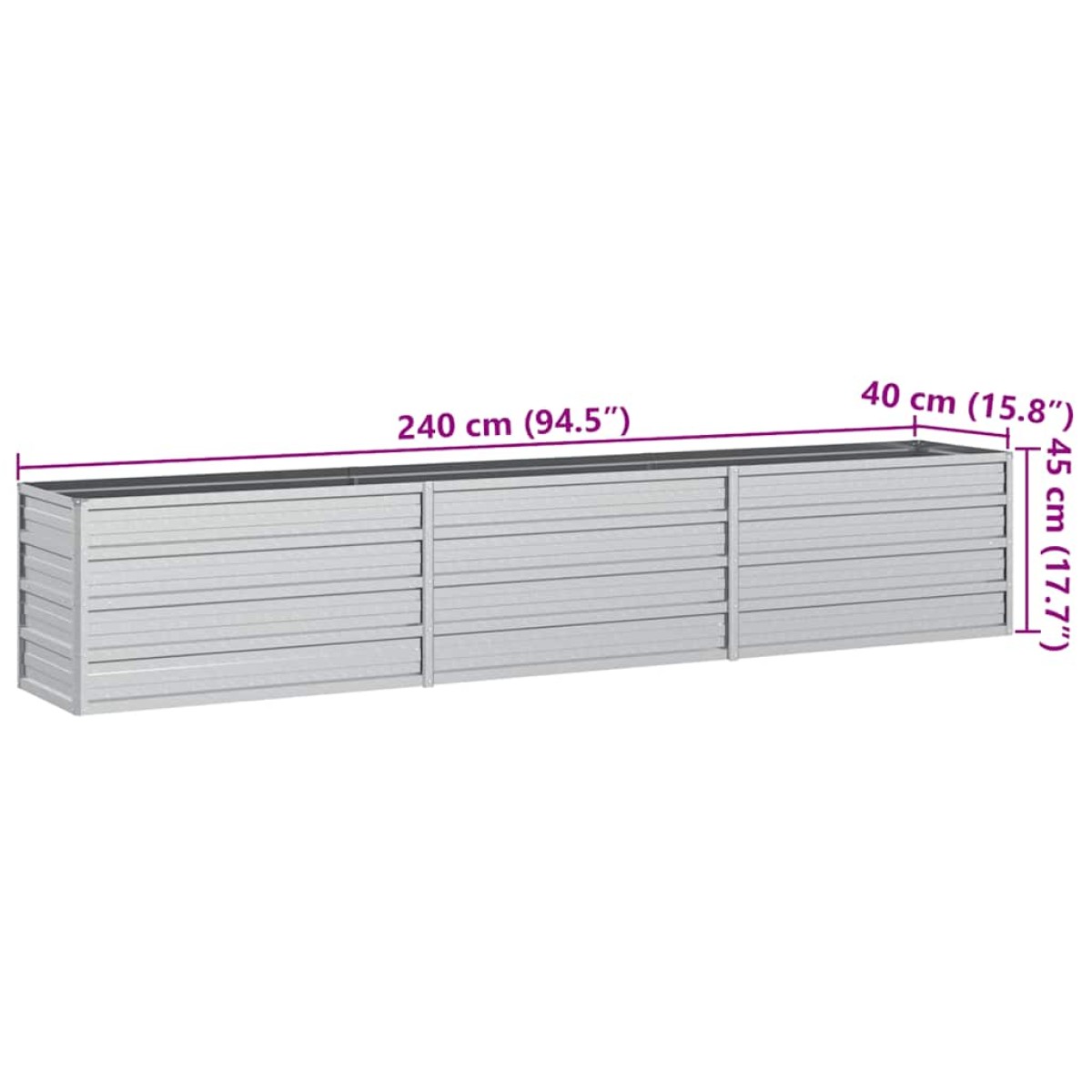 vidaXL Ζαρντινιέρα Υπερυψωμένη Ασημί 240x40x45 εκ. Γαλβανισμ. Χάλυβας