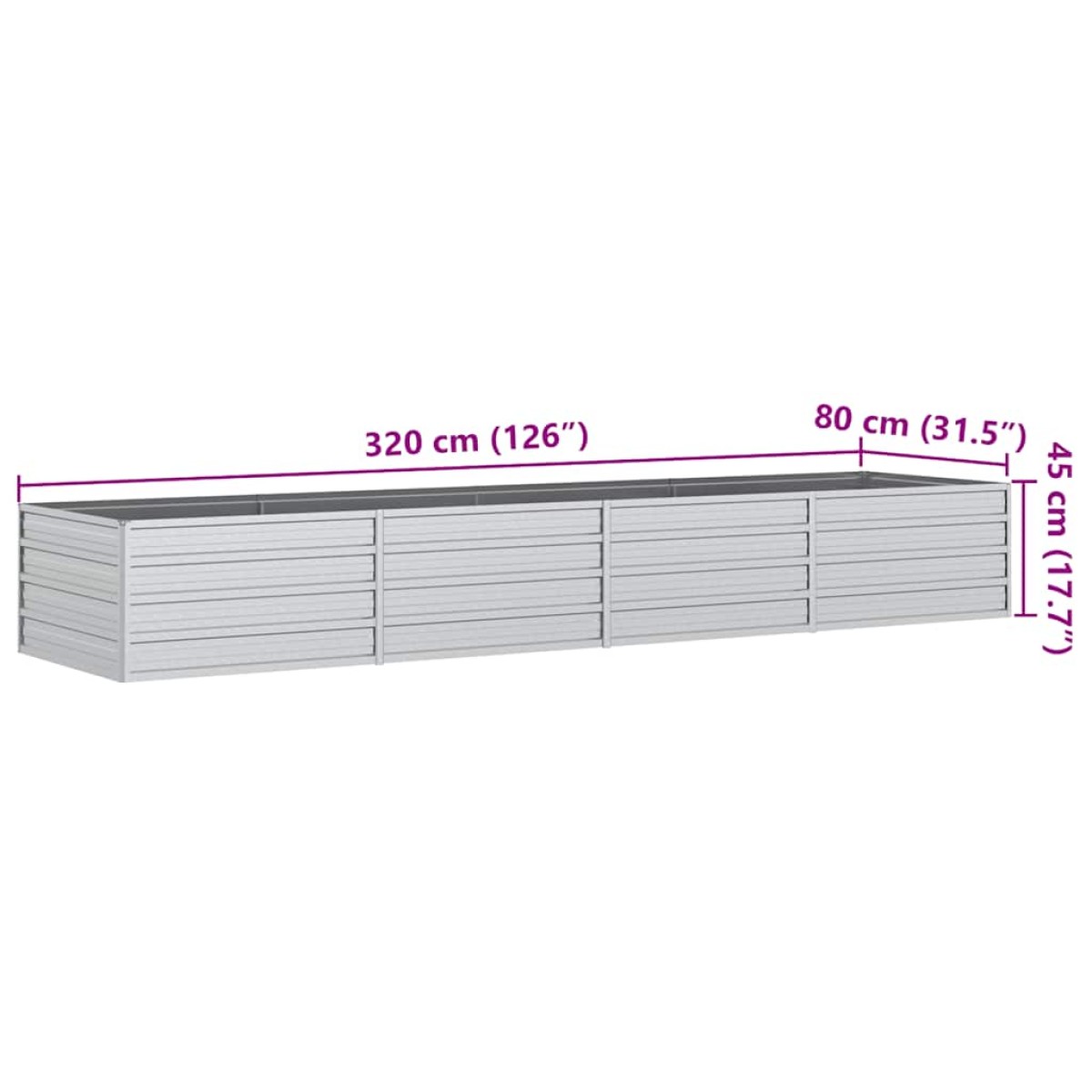 vidaXL Ζαρντινιέρα Υπερυψωμένη Ασημί 320x80x45 εκ. Γαλβανισμ. Χάλυβας