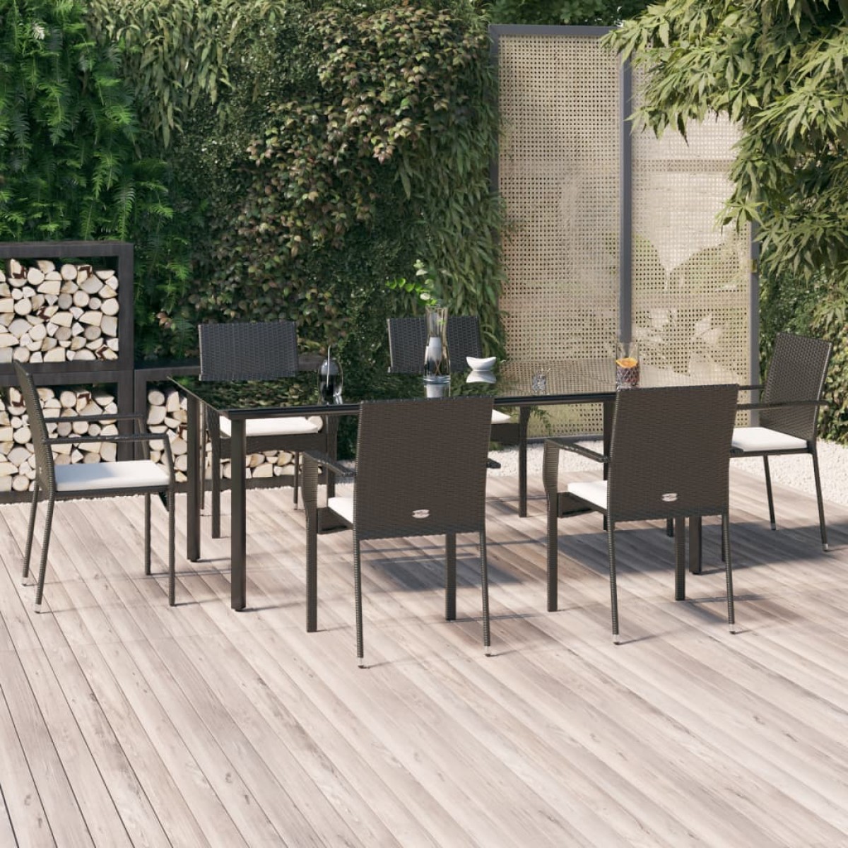 vidaXL Σετ Τραπεζαρίας Κήπου 7 Τεμ. Μαύρο Συνθετικό Ρατάν με Μαξιλάρια