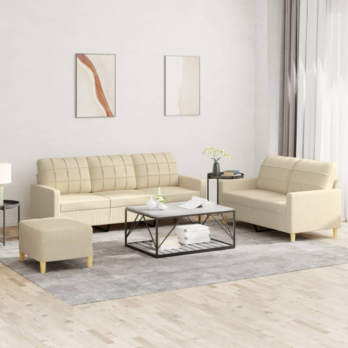 vidaXL Πολυθρόνες Σετ 3 Τεμαχίων Κρεμ από Ύφασμα με Μαξιλάρια