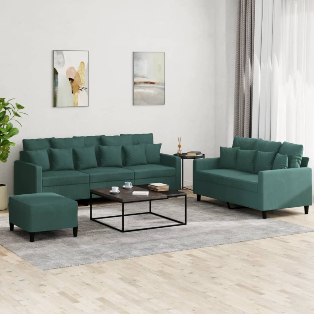 vidaXL Σετ Σαλονιού 3 Τεμαχίων Σκούρο Πράσινο Βελούδινο με Μαξιλάρια