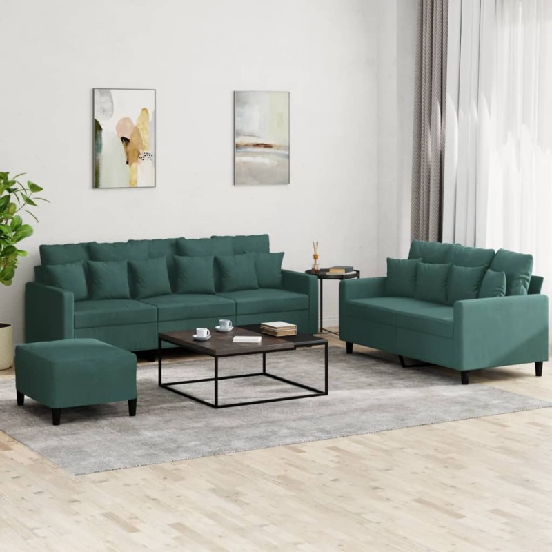 vidaXL Σετ Σαλονιού 3 Τεμαχίων Σκούρο Πράσινο Βελούδινο με Μαξιλάρια