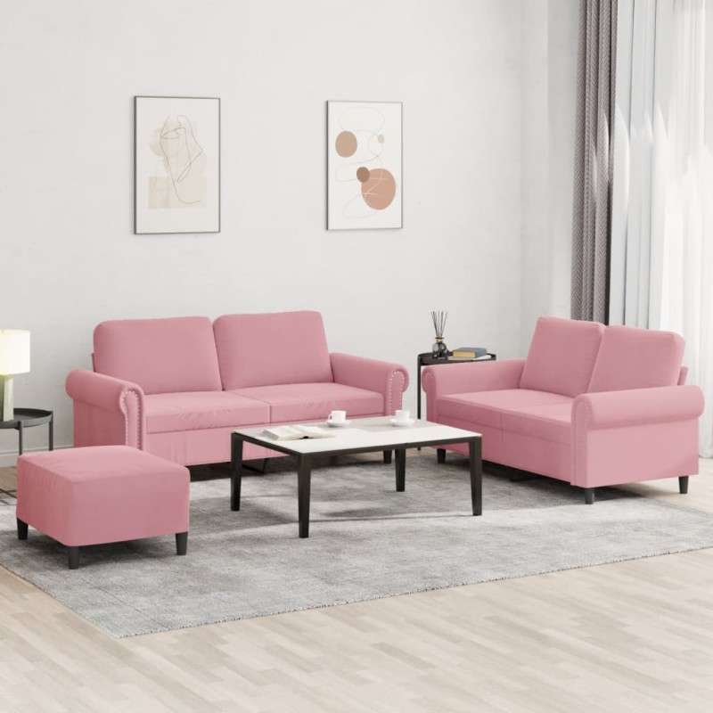 vidaXL Σετ Σαλονιού 3 Τεμαχίων Ροζ από Βελούδο με Μαξιλάρια