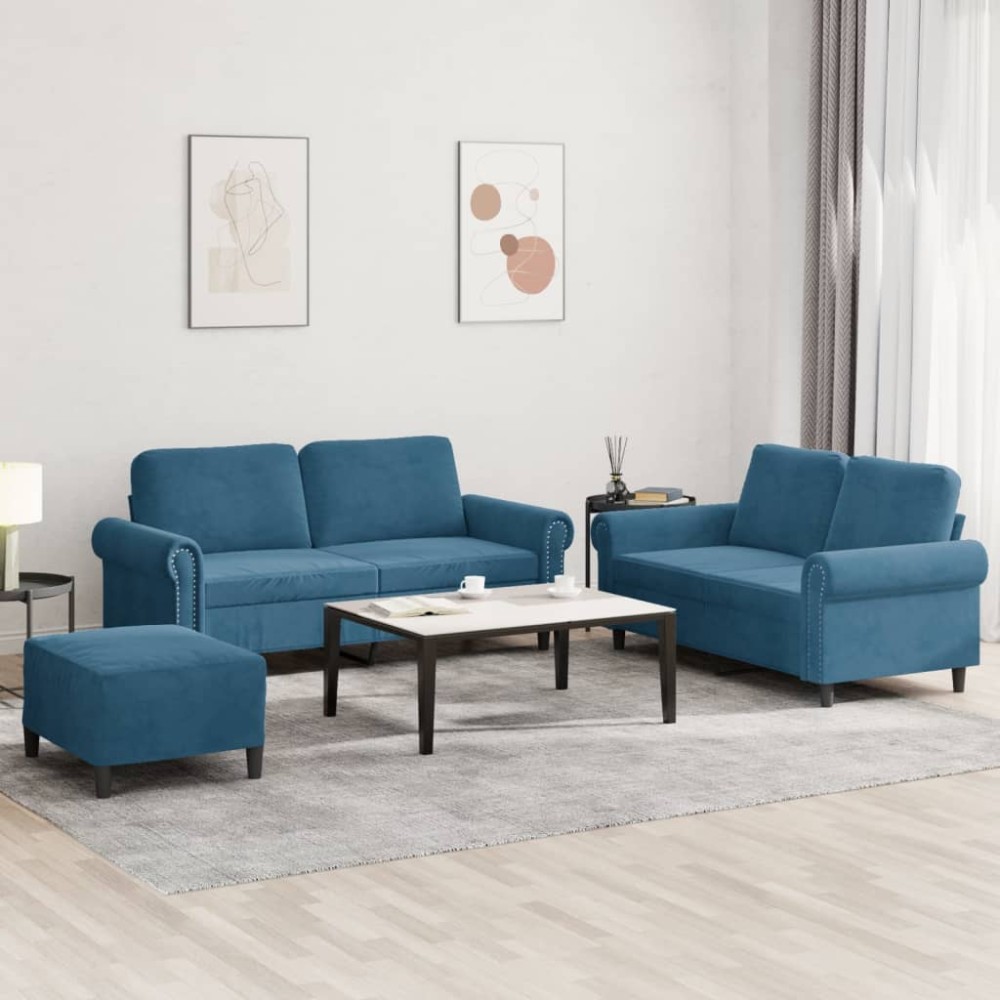 vidaXL Σετ Σαλονιού 3 Τεμαχίων Μπλε από Βελούδο με Μαξιλάρια