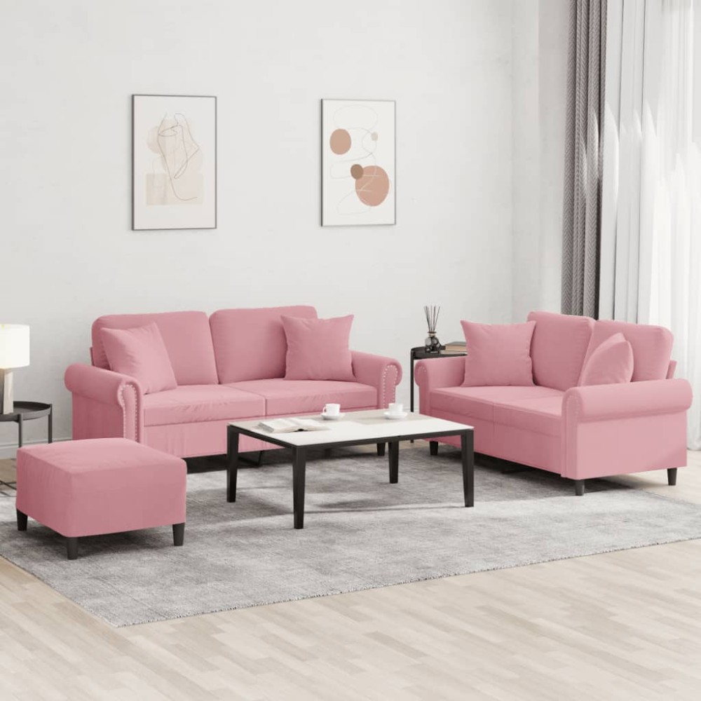 vidaXL Σαλόνι Σετ 3 Τεμαχίων Ροζ από Βελούδο με Μαξιλάρια