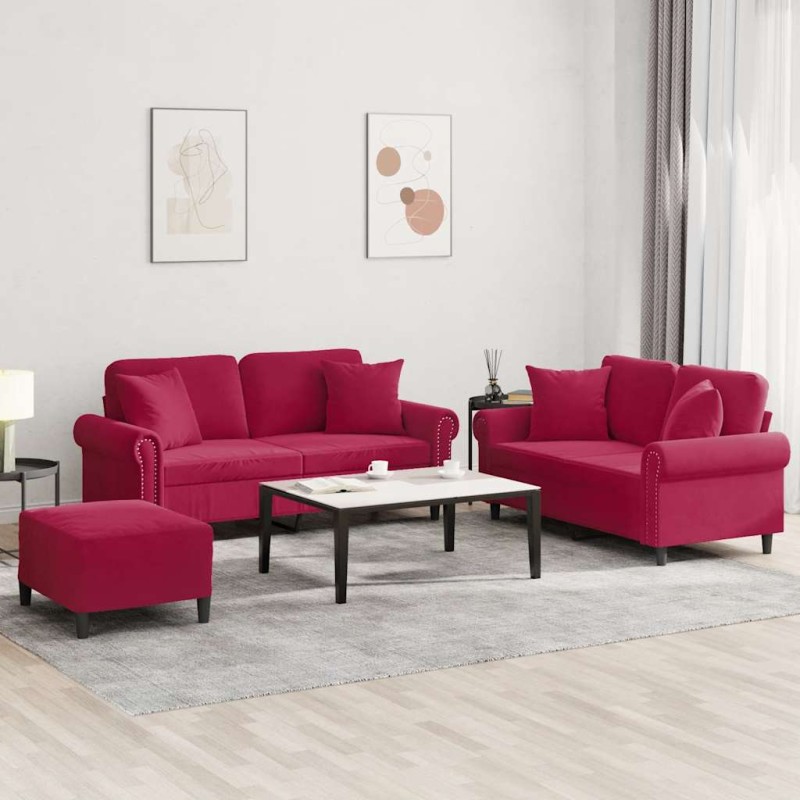 vidaXL Σετ Σαλονιού 3 Τεμαχίων Μπορντό Βελούδινες με Μαξιλάρια