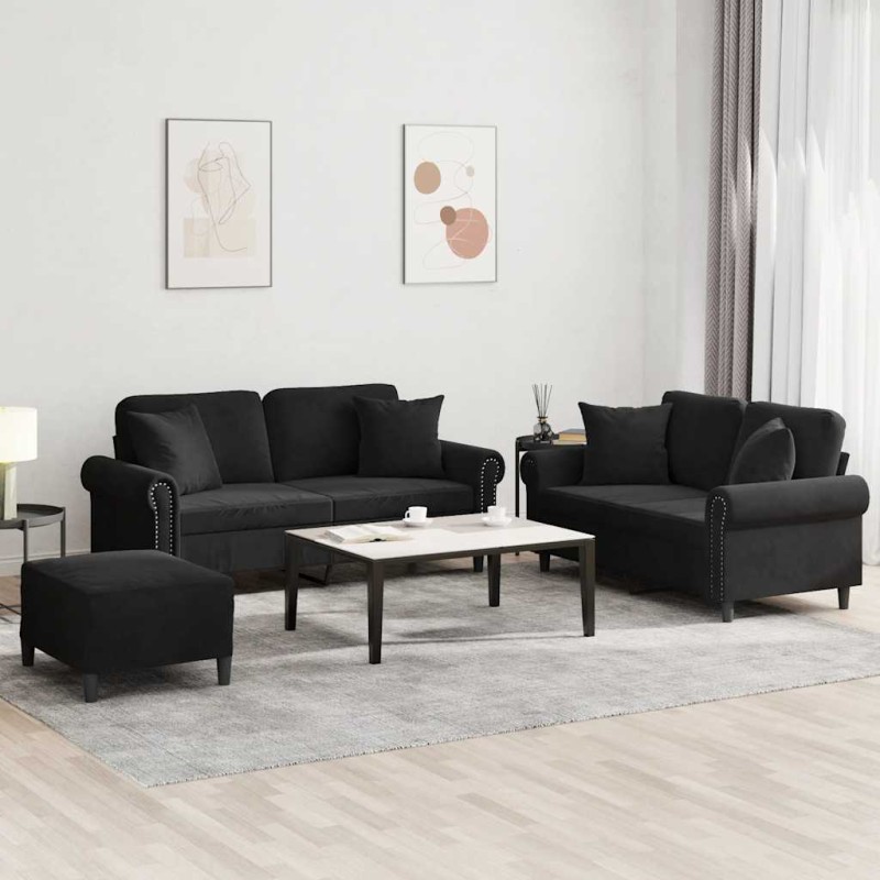 vidaXL Σετ Σαλονιού 3 Τεμαχίων Μαύρο Βελούδινο με Μαξιλάρια