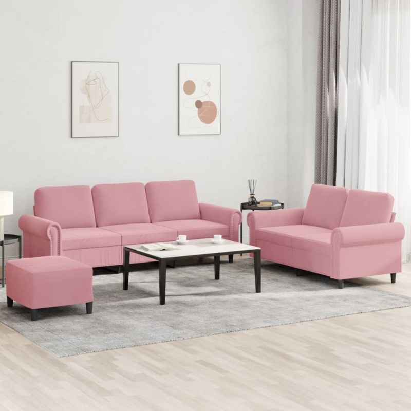 vidaXL Σετ Σαλονιού 3 Τεμαχίων Ροζ από Βελούδο με Μαξιλάρια