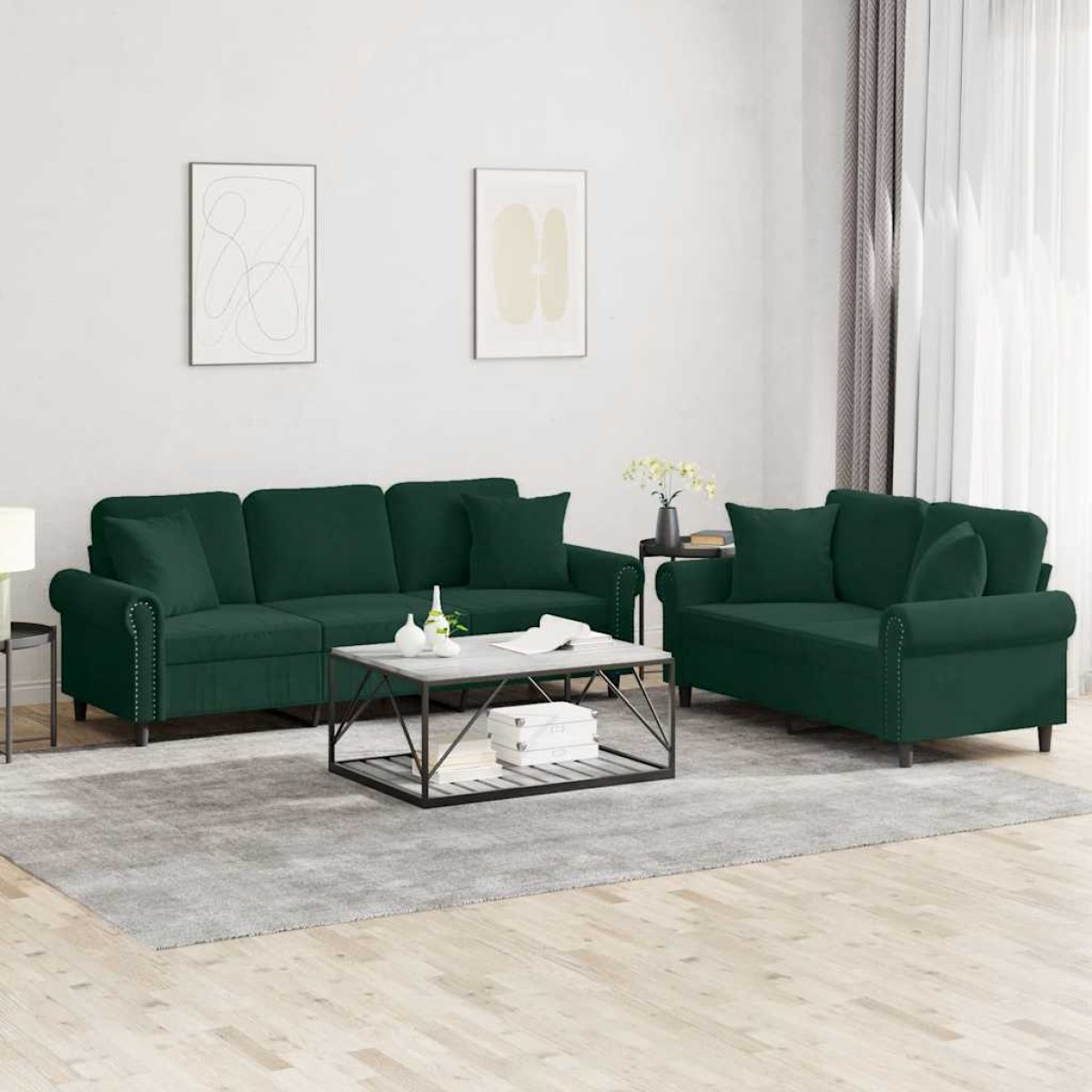 vidaXL Σετ Σαλονιού 2 Τεμαχίων Σκούρο πράσινο Βελούδινο με Μαξιλάρια