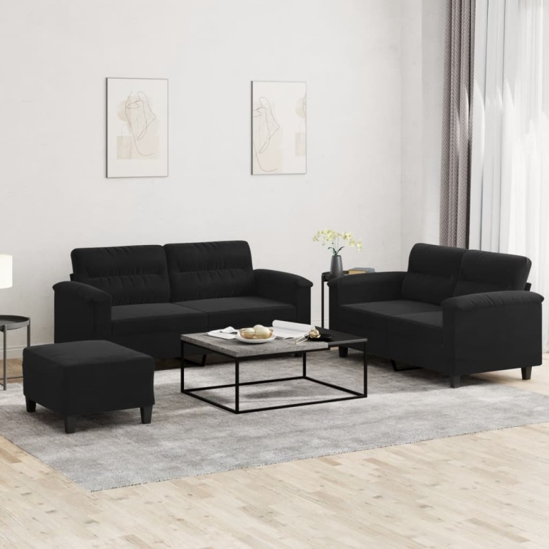 vidaXL Σετ Σαλονιού 3 Τεμαχίων Μαύρο από Ύφασμα Μικροϊνών με Μαξιλάρια