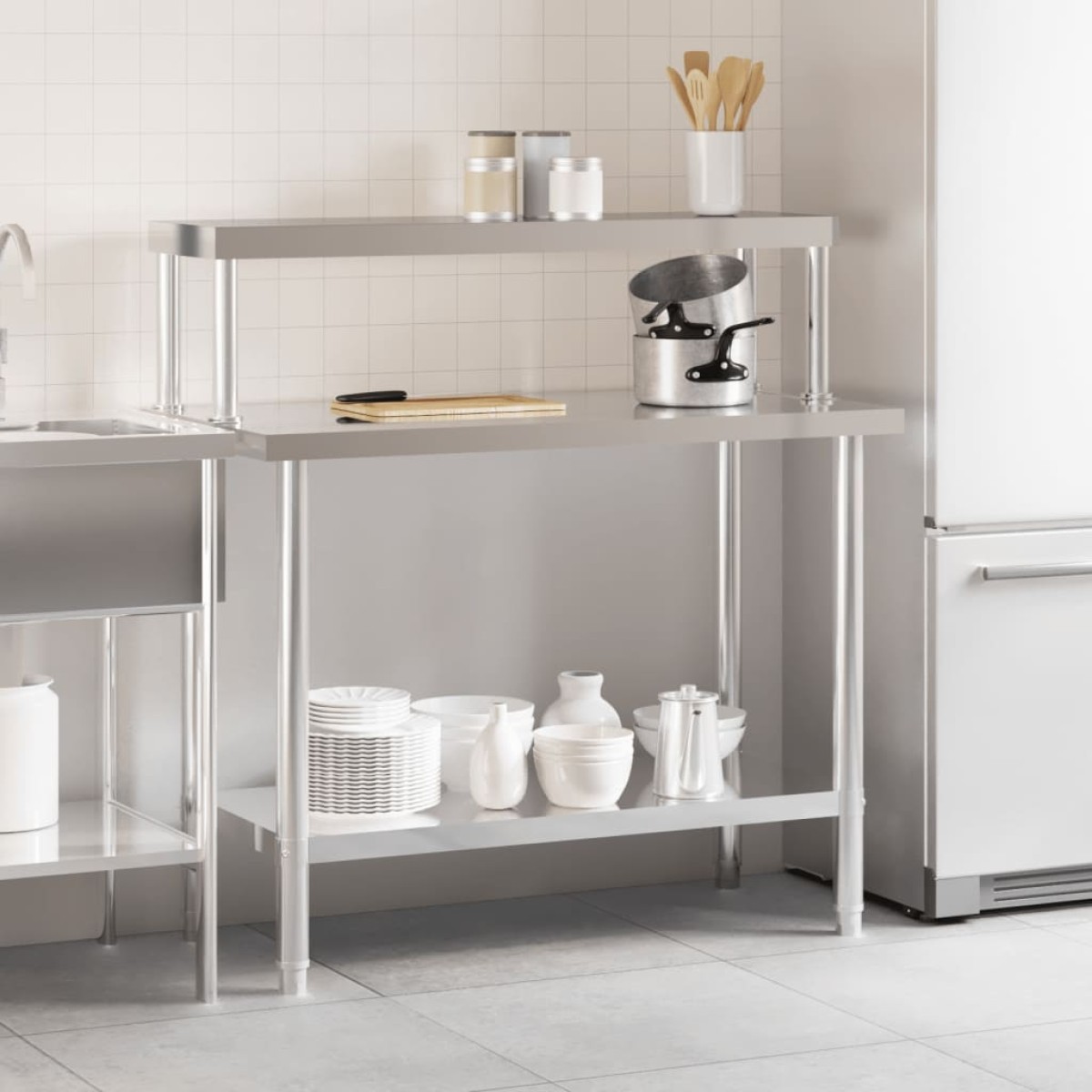 vidaXL Πάγκος Εργασίας Κουζίνας με Ράφι 110x55x120 εκ. Ανοξείδ. Ατσάλι