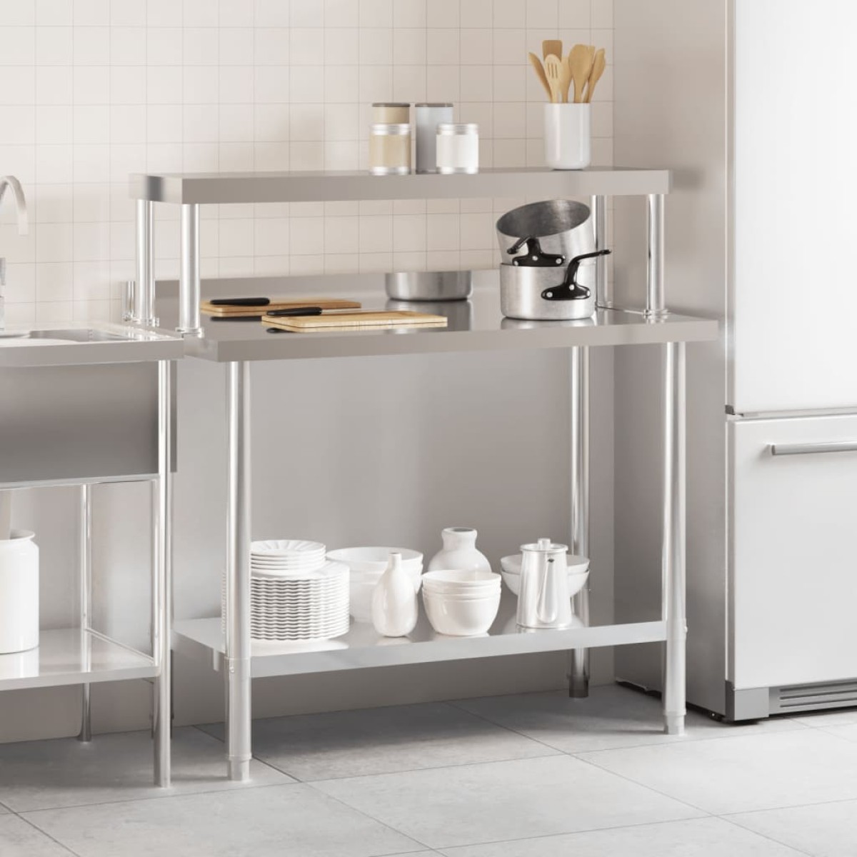 vidaXL Πάγκος Εργασίας Κουζίνας με Ράφι 110x55x120 εκ. Ανοξείδ. Ατσάλι