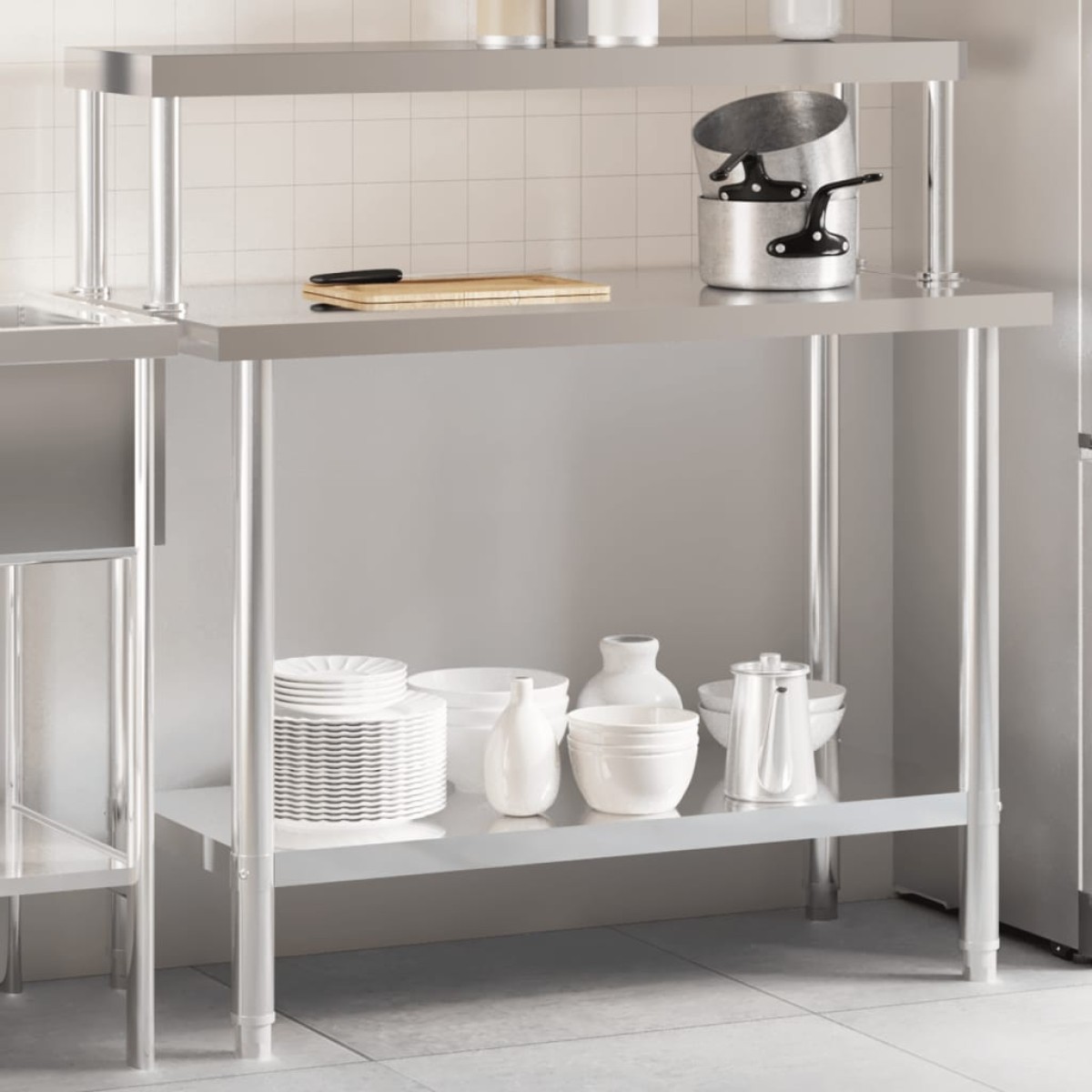 vidaXL Πάγκος Εργασίας Κουζίνας με Ράφι 110x55x120 εκ. Ανοξείδ. Ατσάλι