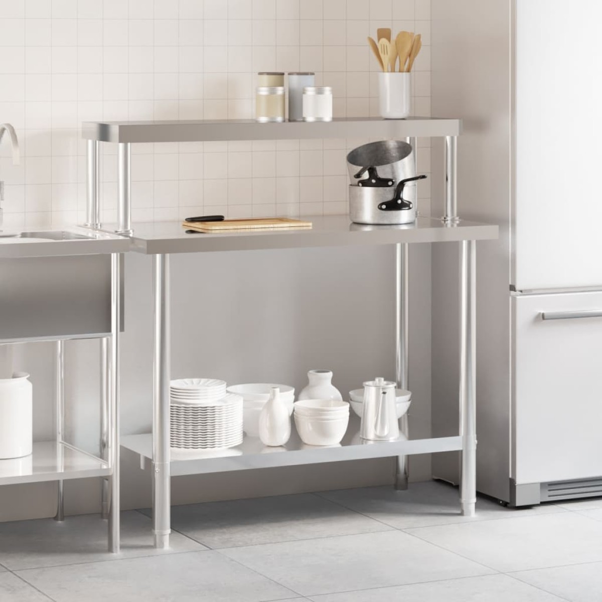 vidaXL Πάγκος Εργασίας Κουζίνας με Ράφι 110x55x120 εκ. Ανοξείδ. Ατσάλι