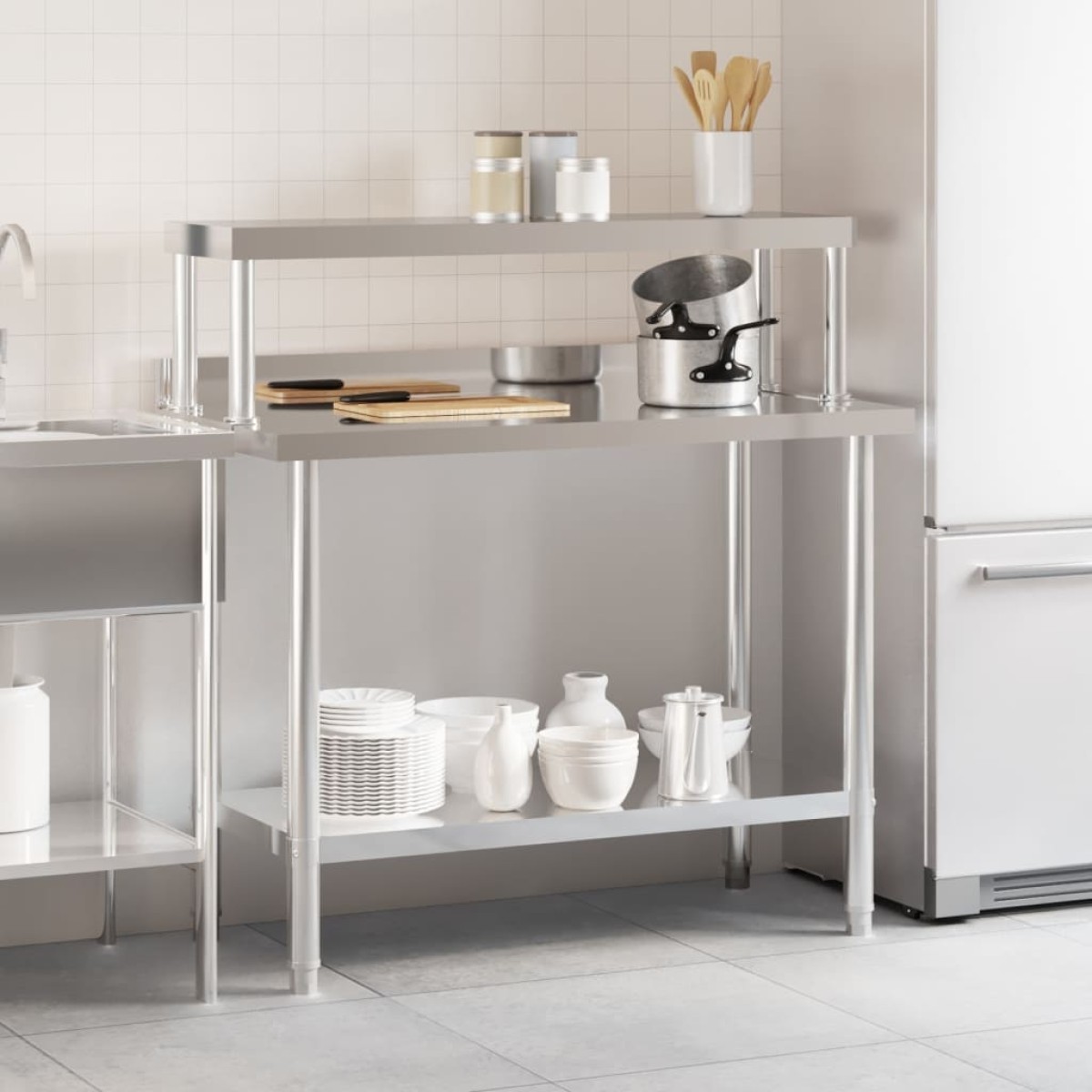 vidaXL Πάγκος Εργασίας Κουζίνας με Ράφι 110x55x120 εκ. Ανοξείδ. Ατσάλι