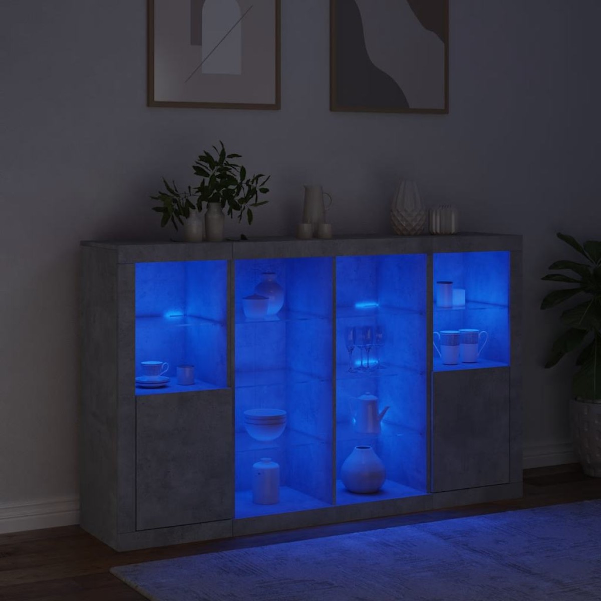 vidaXL Μπουφέδες με Φώτα LED 3 τεμ. Γκρι Σκυροδέματος Επεξεργ. Ξύλο