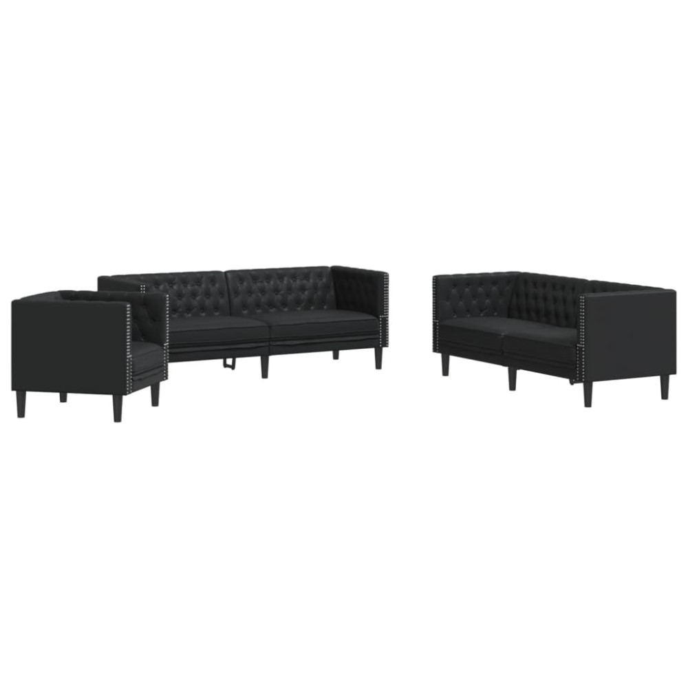 vidaXL Σετ Καναπέδων Chesterfield 3 Τεμαχίων από Μαύρο Συνθετικό Δέρμα