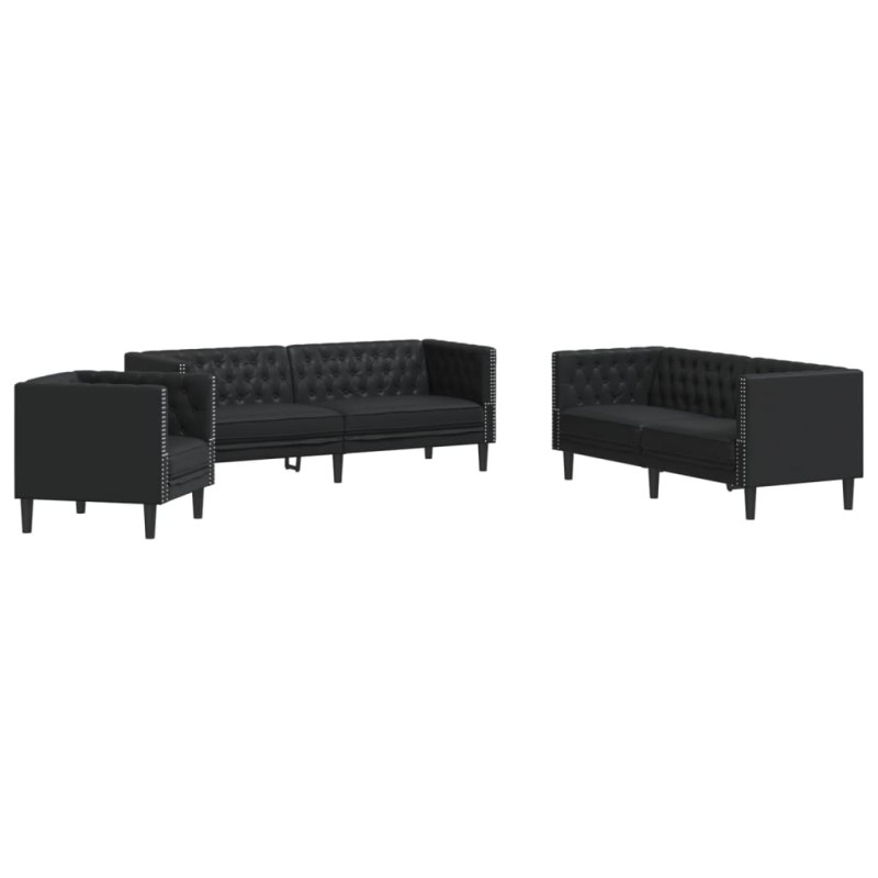vidaXL Σετ Καναπέδων Chesterfield 3 Τεμαχίων από Μαύρο Συνθετικό Δέρμα