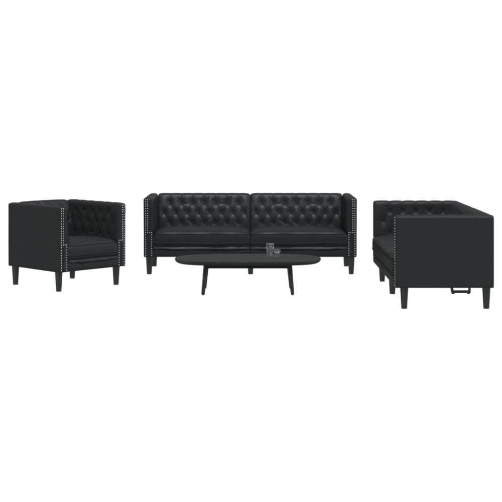vidaXL Σετ Καναπέδων Chesterfield 3 Τεμαχίων από Μαύρο Συνθετικό Δέρμα