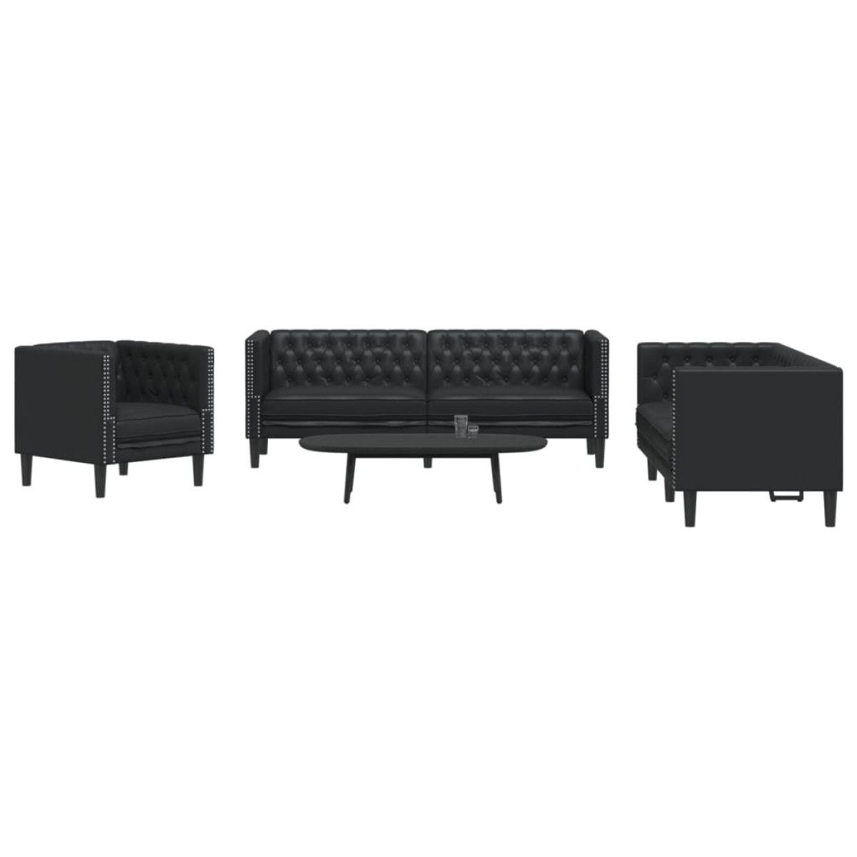 vidaXL Σετ Καναπέδων Chesterfield 3 Τεμαχίων από Μαύρο Συνθετικό Δέρμα