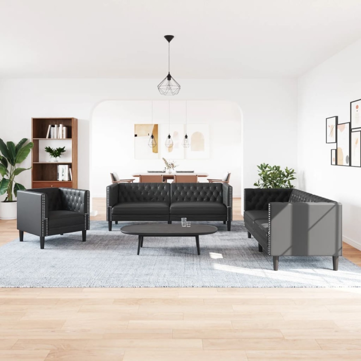 vidaXL Σετ Καναπέδων Chesterfield 3 Τεμαχίων από Μαύρο Συνθετικό Δέρμα