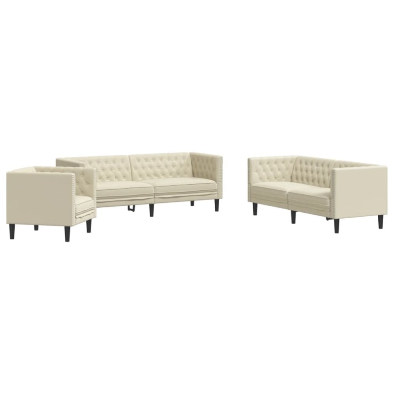 vidaXL Καναπές Chesterfield 3 τεμαχίων σετ Cream Faux Leather