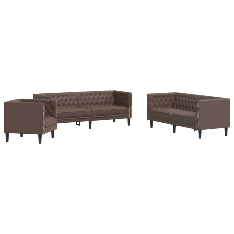 vidaXL Σετ Καναπέδων Chesterfield 3 Τεμαχίων από Καφέ Συνθετικό Δέρμα