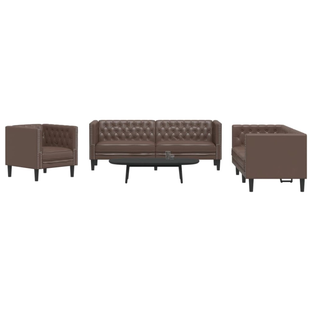 vidaXL Σετ Καναπέδων Chesterfield 3 Τεμαχίων από Καφέ Συνθετικό Δέρμα