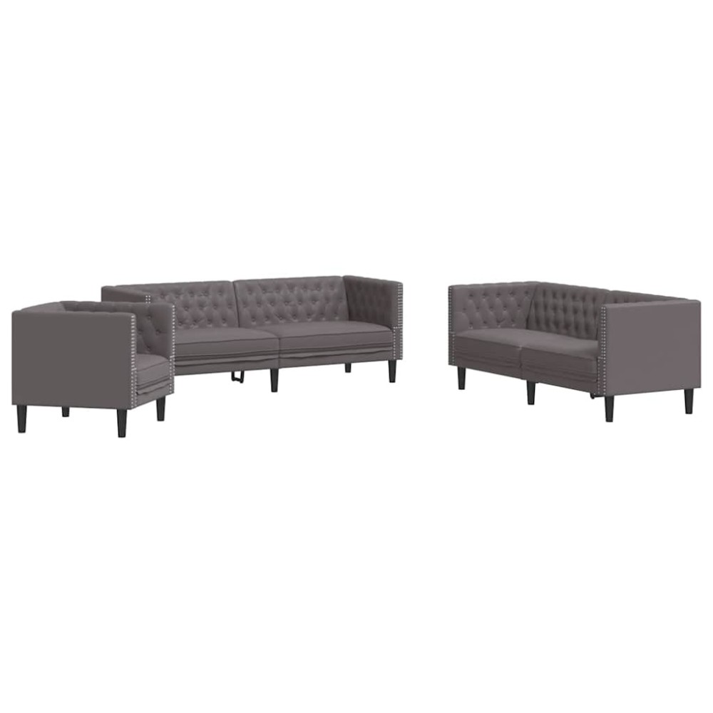 vidaXL Σετ Καναπέδων Chesterfield 3 Τεμαχίων από Γκρι Συνθετικό Δέρμα