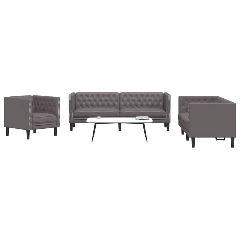 vidaXL Σετ Καναπέδων Chesterfield 3 Τεμαχίων από Γκρι Συνθετικό Δέρμα