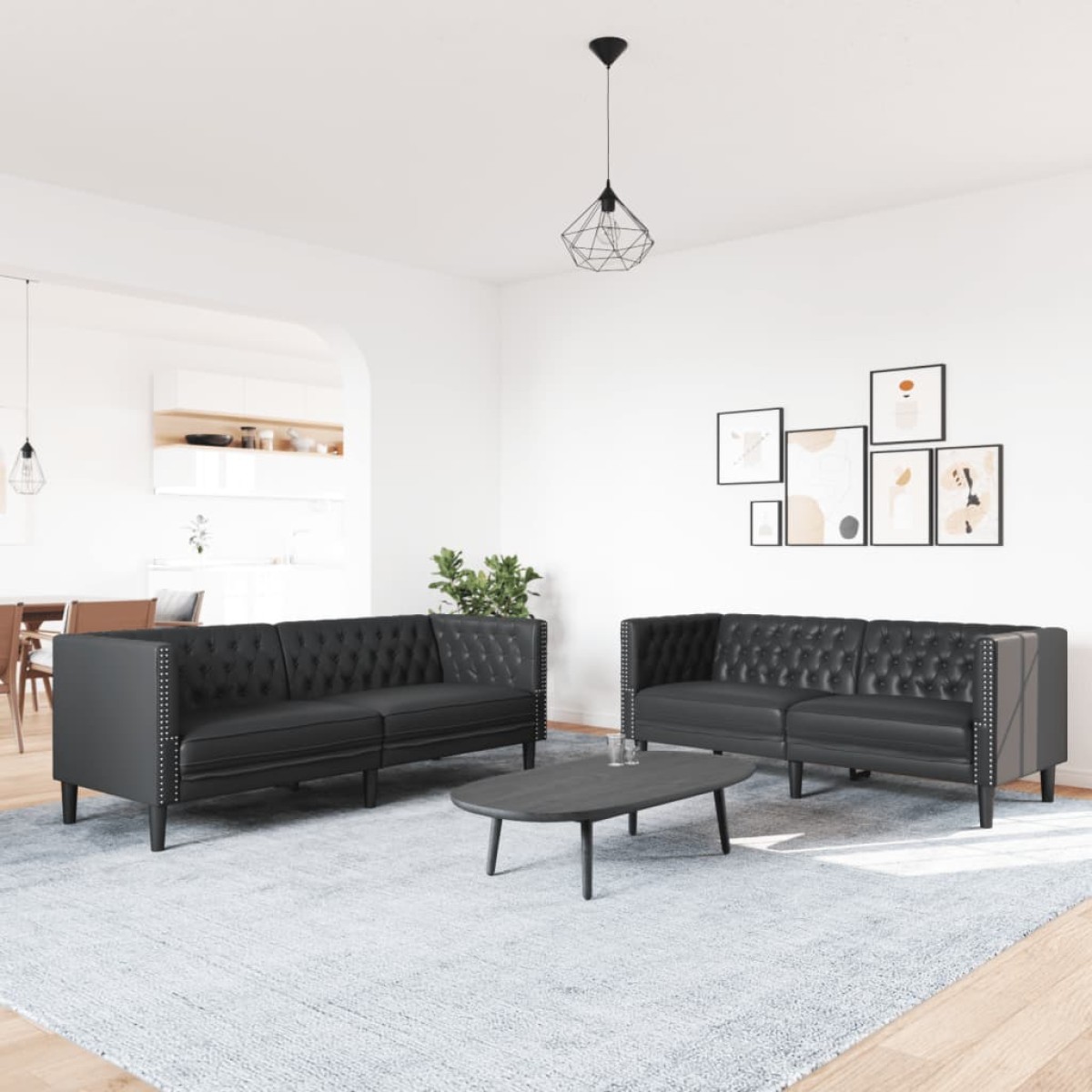 vidaXL Σετ Καναπέδων Chesterfield 2 Τεμαχίων από Μαύρο Συνθετικό Δέρμα