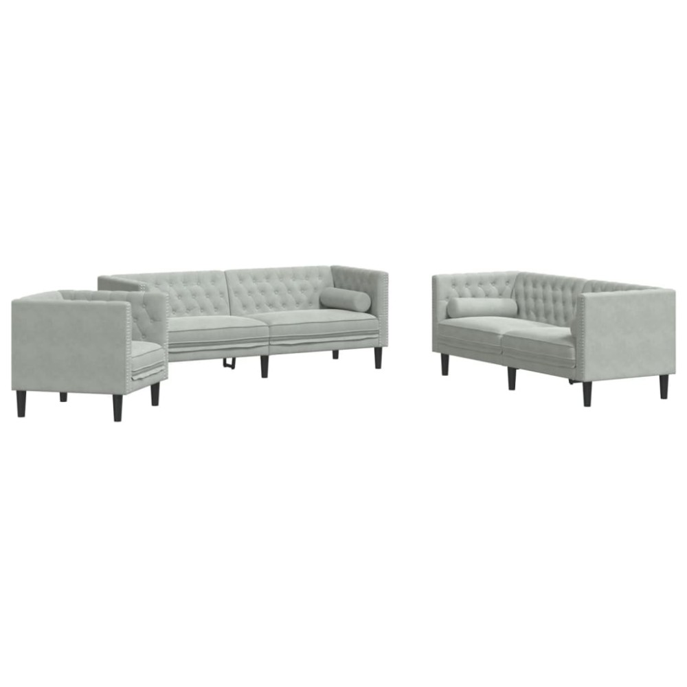 vidaXL Καναπές Chesterfield Σετ 3 Τεμ. με Στηρίγματα Αν. Γκρι Βελούδο